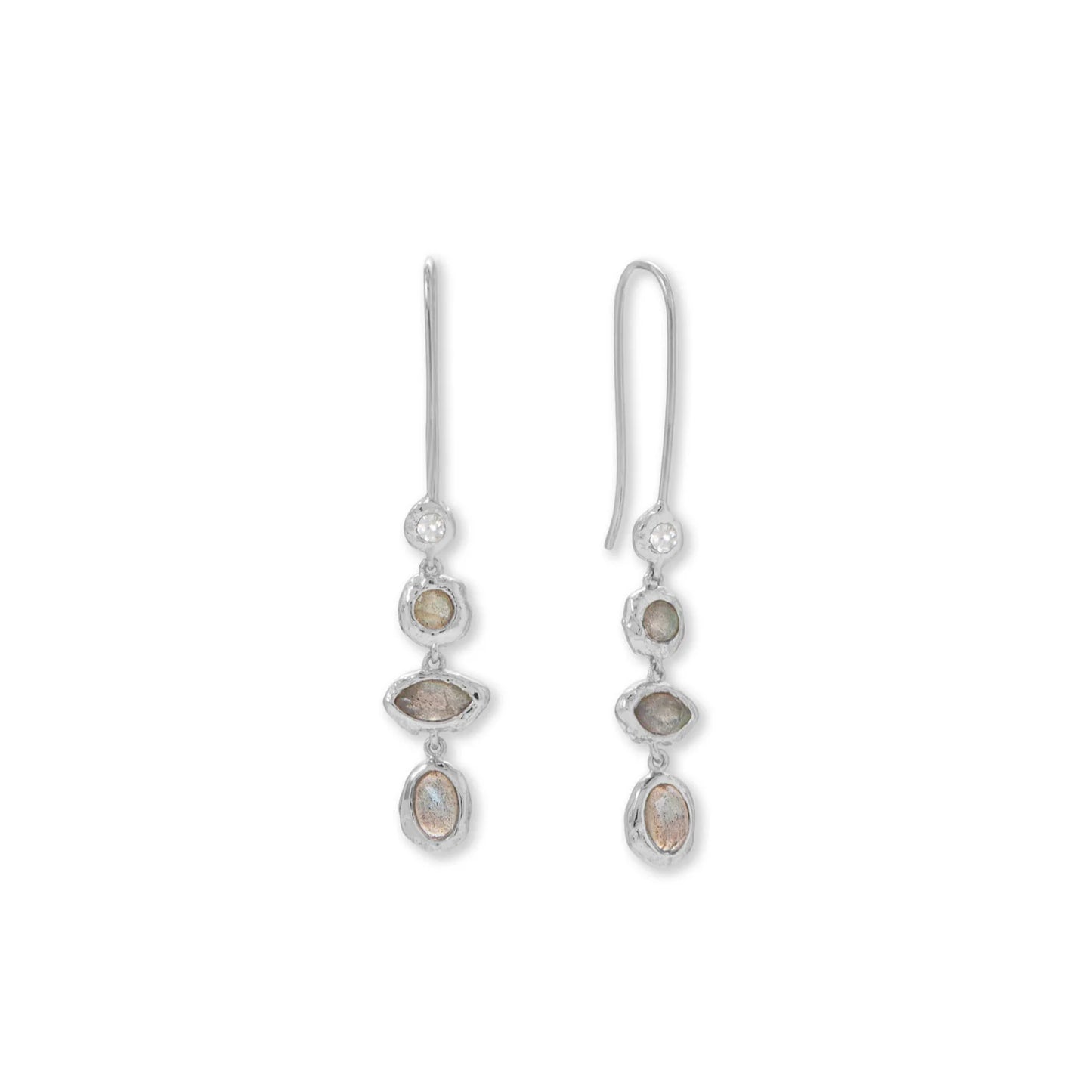 Labradorite and CZ Drop Earrings - Sterling Silver Rhodium Plated Hammered Design