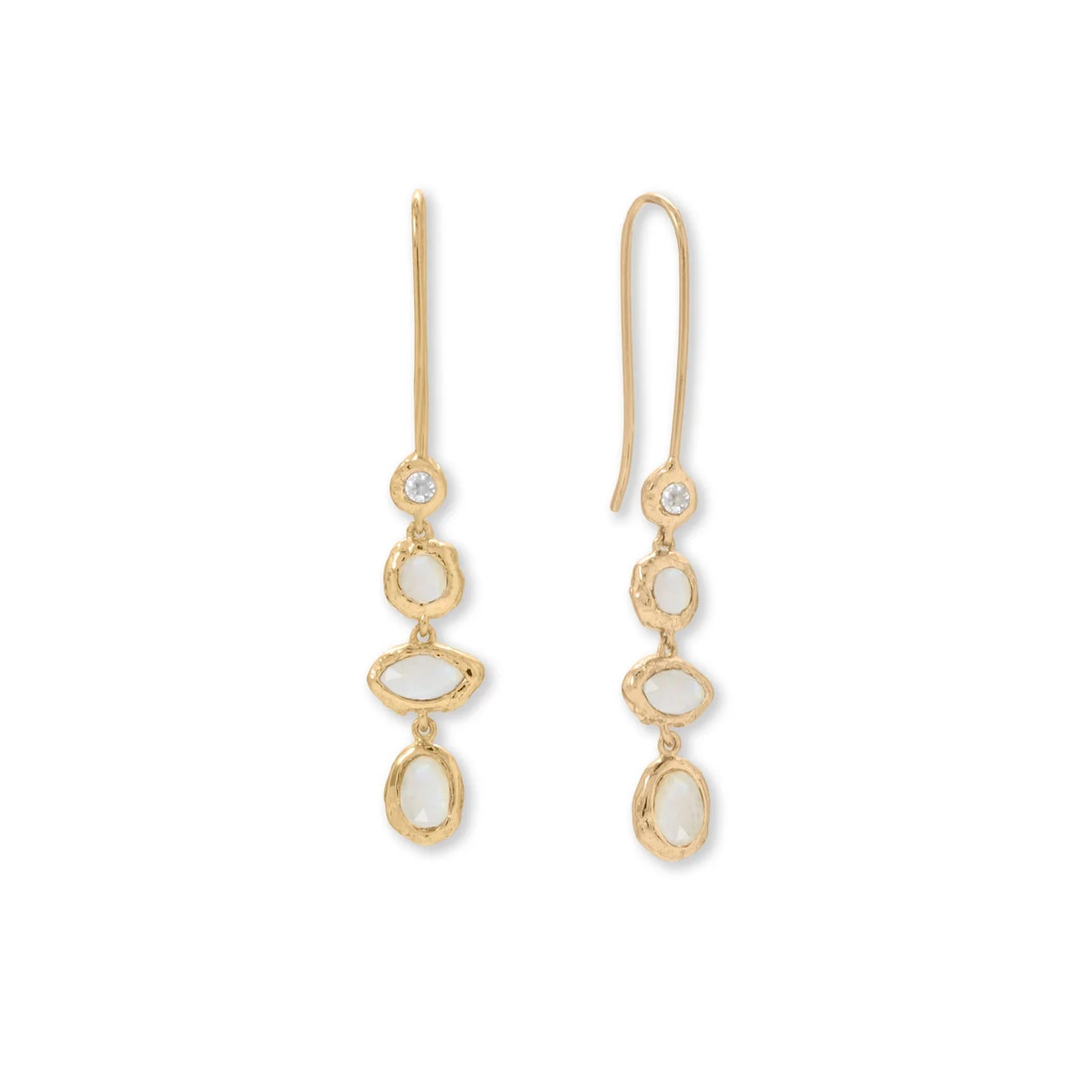 14 Karat Gold Plated Sterling Silver Hammered Earrings with CZ and Rainbow Moonstone, French Wire, 50mm Length