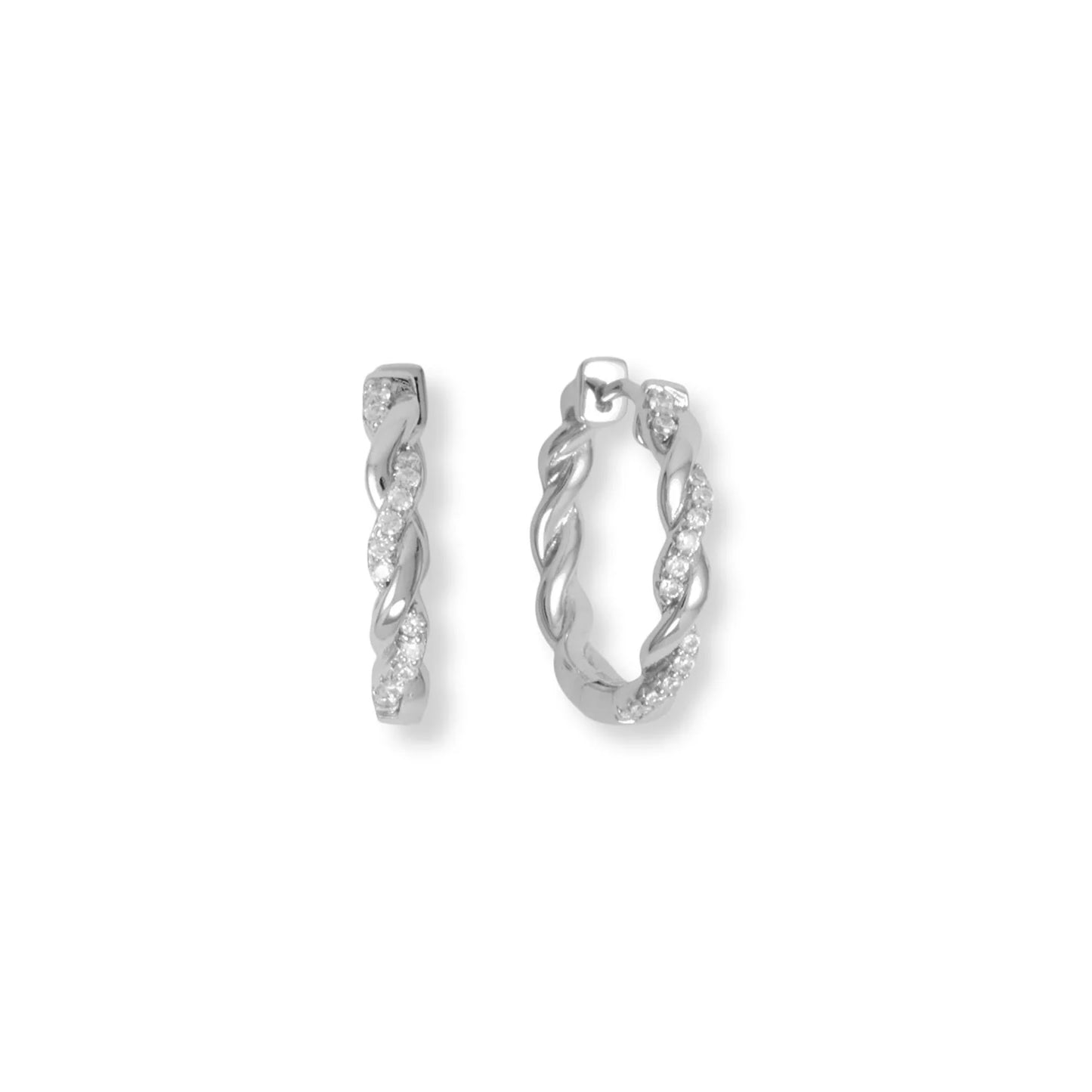 Sterling Silver Rhodium Plated CZ Full Twist Hoop Earrings, 20mm, Click Closure