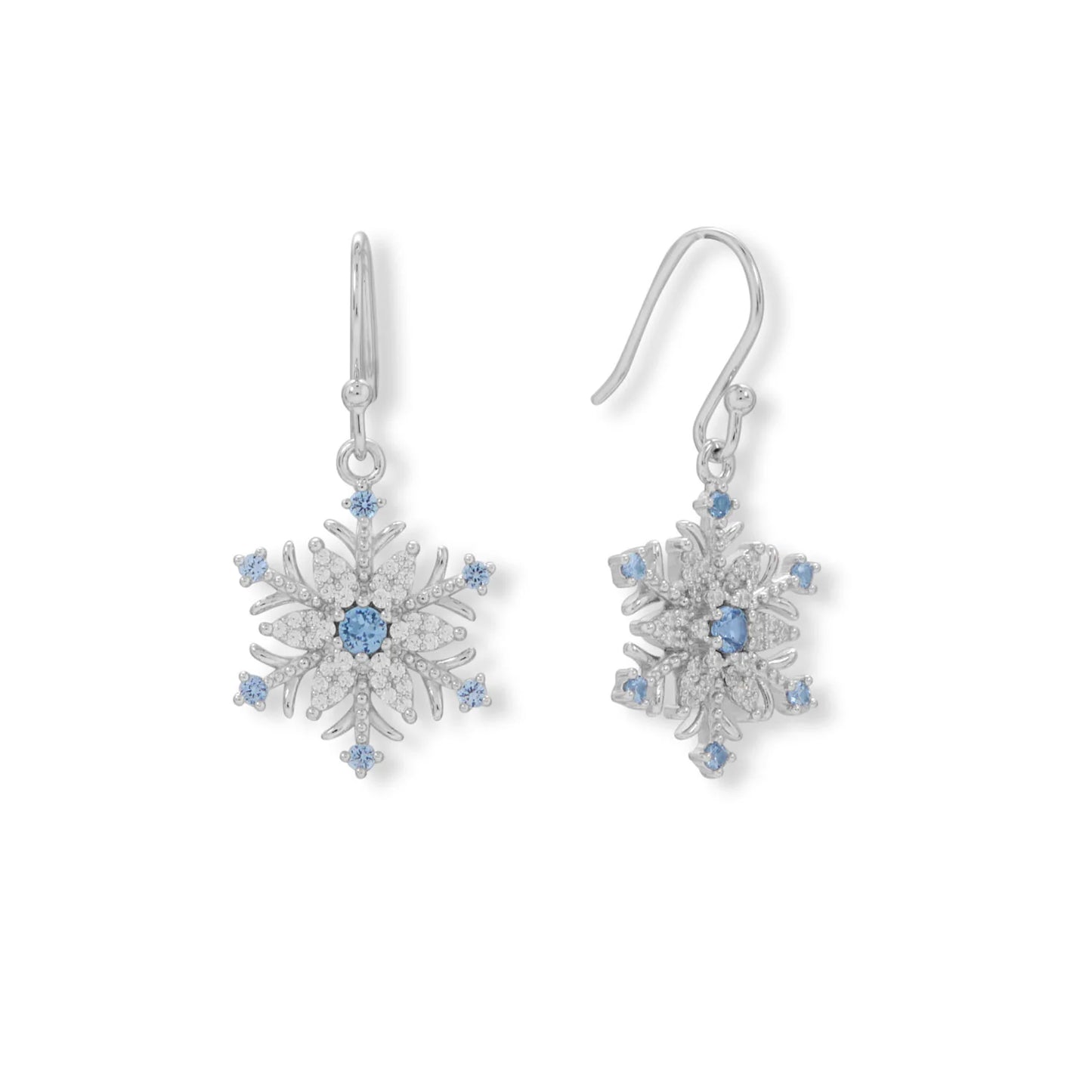 Sterling Silver Snowflake Dangle Earrings, Blue and White CZ, Rhodium Plated, 31.6mm Length