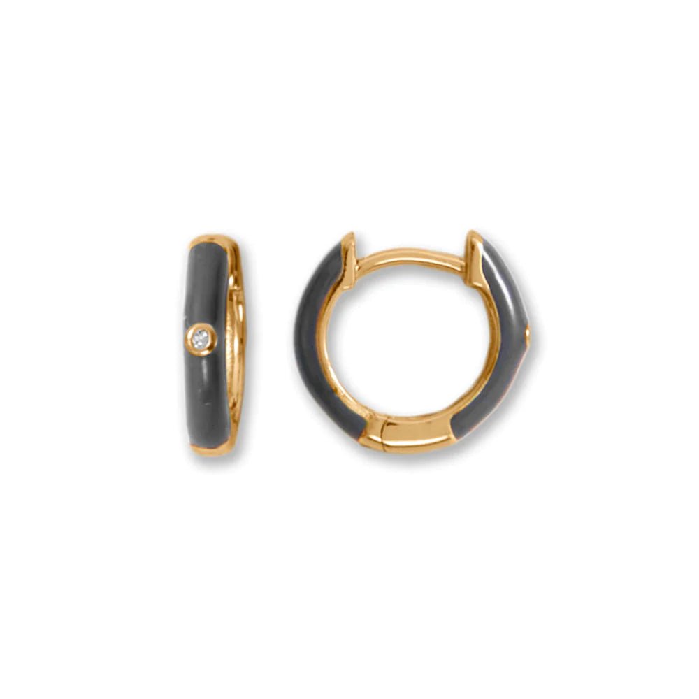 14 Karat Gold Plated Sterling Silver Hoop Earrings, Grey Enamel with CZ Detail, 10mm