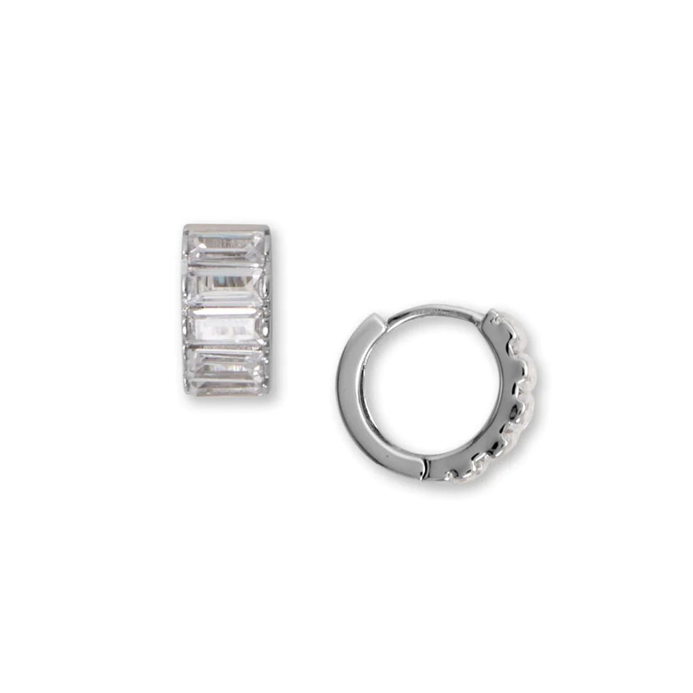 Baguette CZ Hoop Earrings - Sterling Silver Rhodium Plated Chunky Design