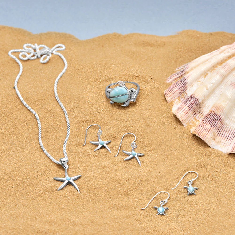 Sterling Silver Rhodium Plated Larimar Starfish Dangle Earrings, 3mm Stone, 29mm Length, French Wire