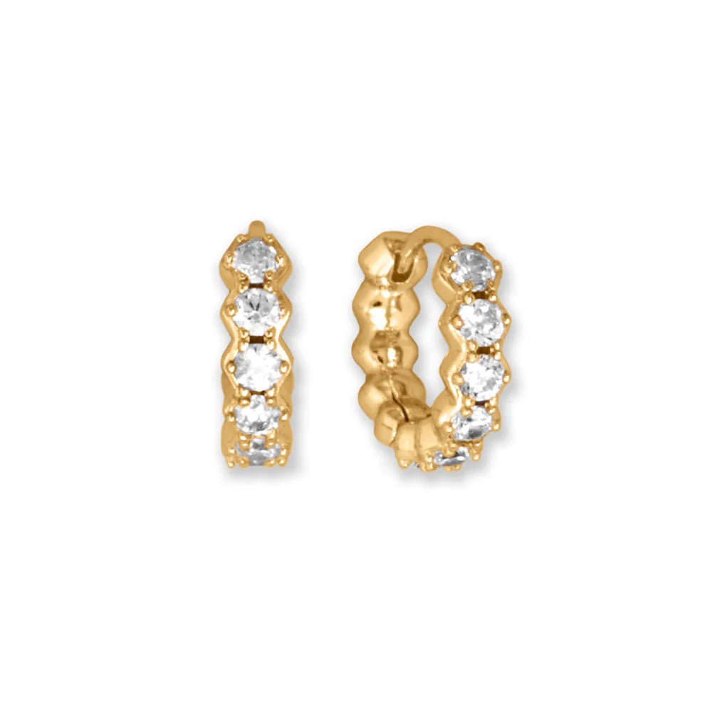 14 Karat Gold Plated Sterling Silver CZ Hoop Earrings, Hexagonal Setting, 10mm Diameter, Click Closure