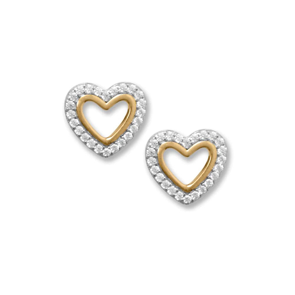 Sterling Silver Two Tone Heart Outline Stud Earrings, CZ, Rhodium Plated with 14K Gold Accent, 10mm x 9mm