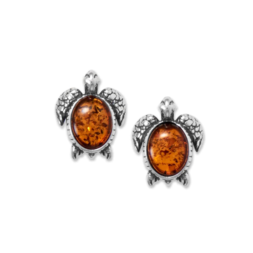 Sterling Silver Baltic Amber Sea Turtle Stud Earrings, Oxidized, 14.3x11.3mm