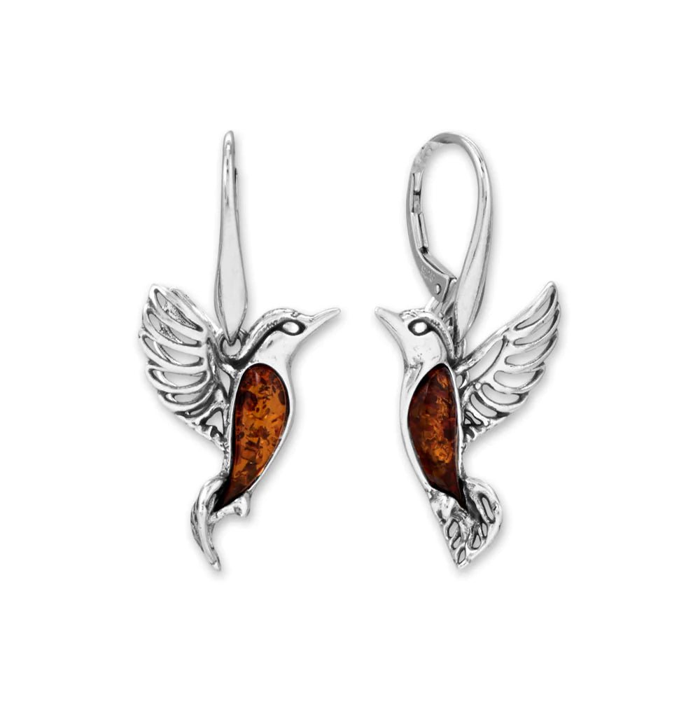 Sterling Silver Baltic Amber Hummingbird Dangle Earrings, Oxidized, 35.5mm Length, Fancy-Cut Amber Stones