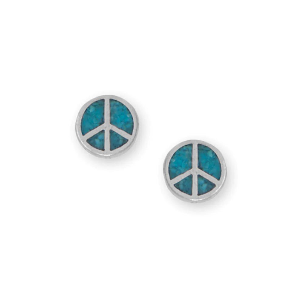 Sterling Silver Peace Sign Stud Earrings with Turquoise Chip Inlay, Oxidized, 6.5mm, Made in USA