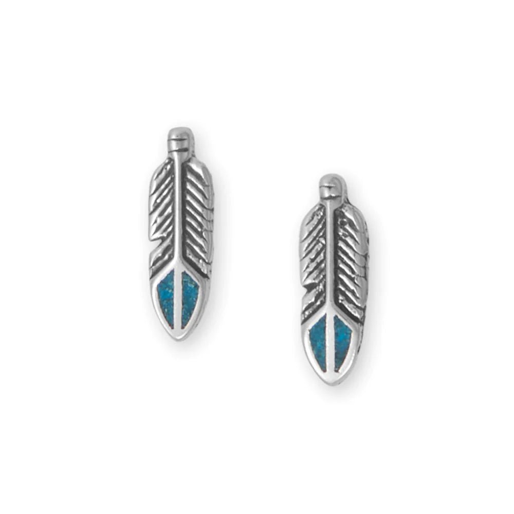 Sterling Silver Turquoise Chip Inlay Feather Stud Earrings, Oxidized, 14mm x 4.7mm, Stainless Steel Posts, USA Made