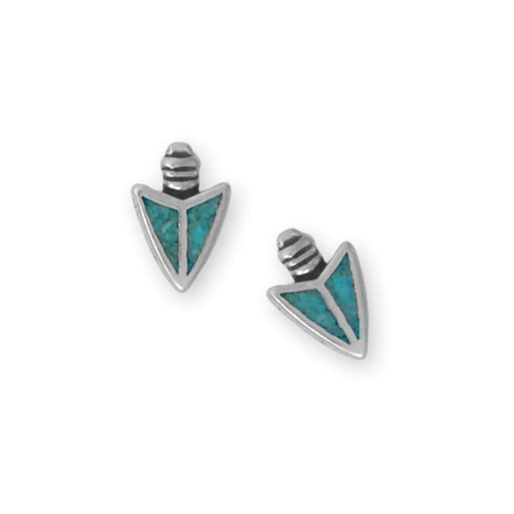 Sterling Silver Arrowhead Stud Earrings with Turquoise Chip Inlay, Oxidized, 8.6x5.6mm, USA Made