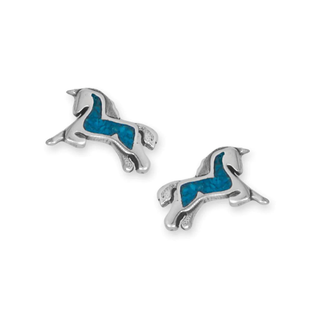 Sterling Silver Prancing Unicorn Stud Earrings with Turquoise Chip Inlay, Oxidized, 11.7x7.9mm