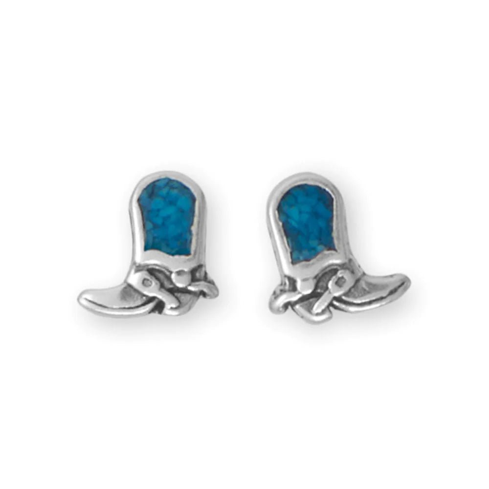 Cowgirl Boot Stud Earrings - Sterling Silver with Turquoise Inlay