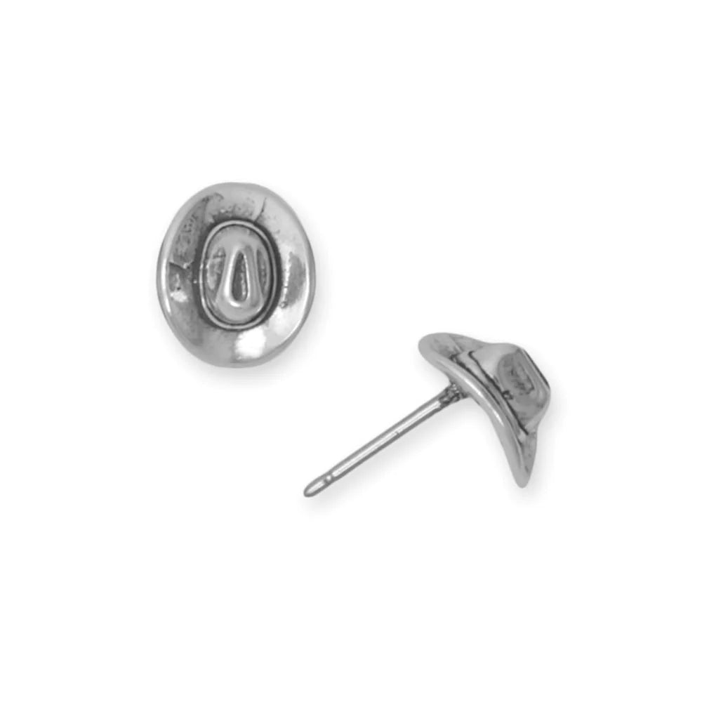 Sterling Silver Oxidized Cowgirl Hat Stud Earrings, Western Style, 7.5x8.8mm, Stainless Steel Posts, USA Made