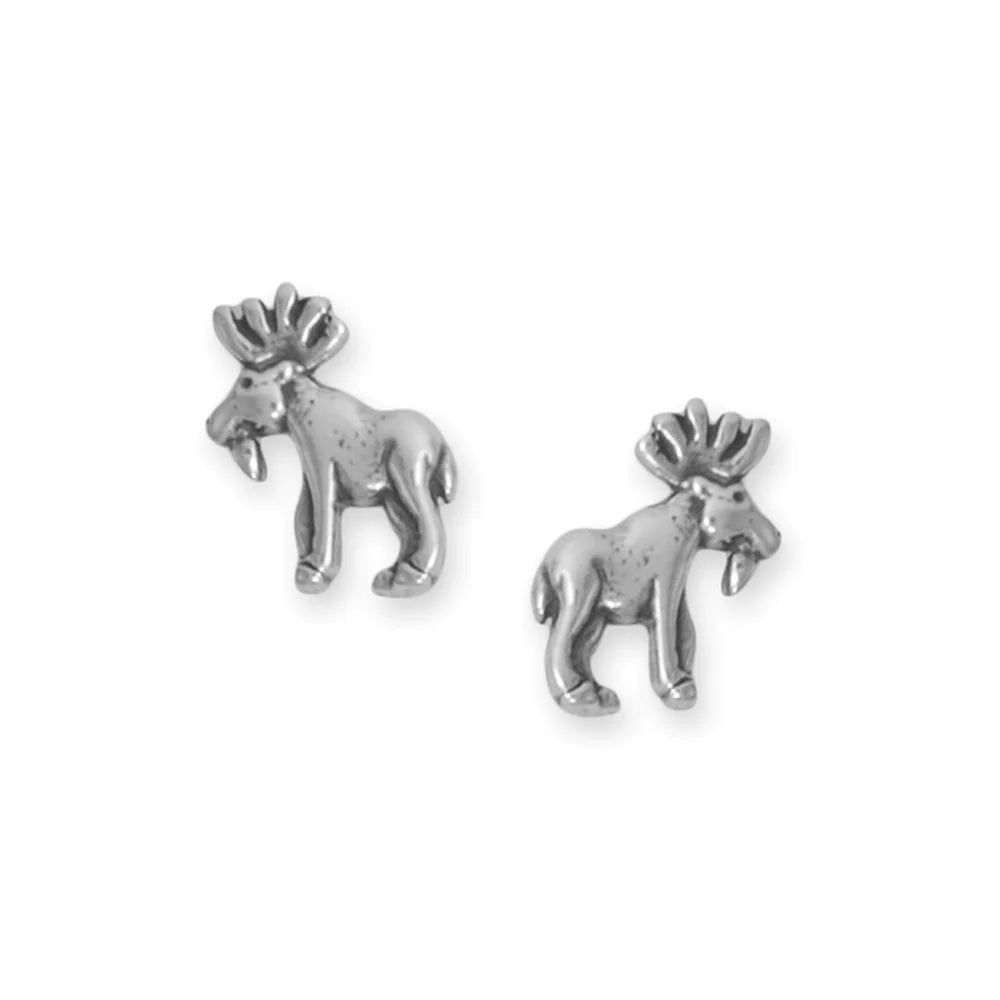 Sterling Silver Oxidized Moose Stud Earrings, 9.4mm x 8.2mm, Stainless Steel Posts, Made in USA