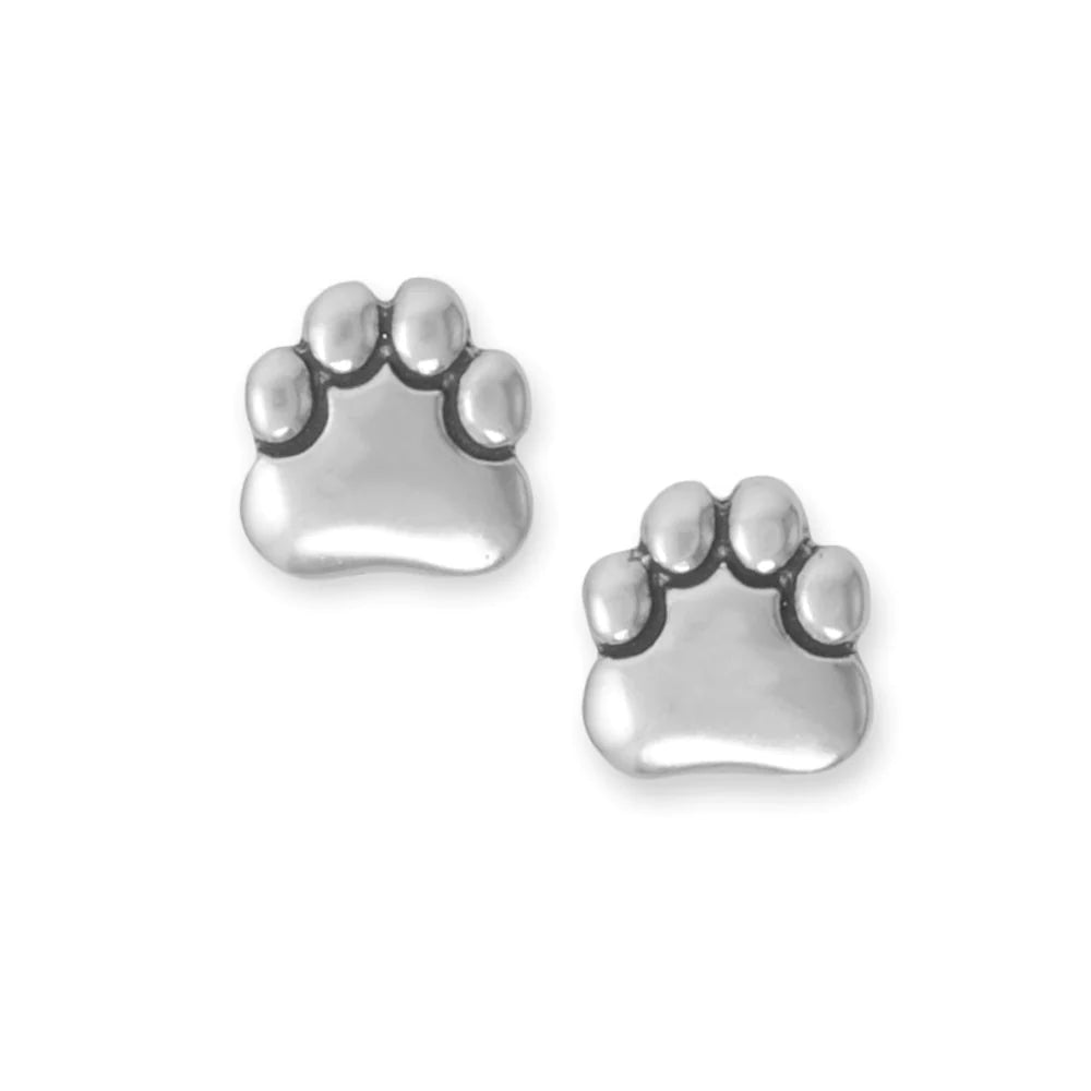 Sterling Silver Oxidized Paw Print Stud Earrings, 10mm x 9.9mm, Stainless Steel Posts, USA Made