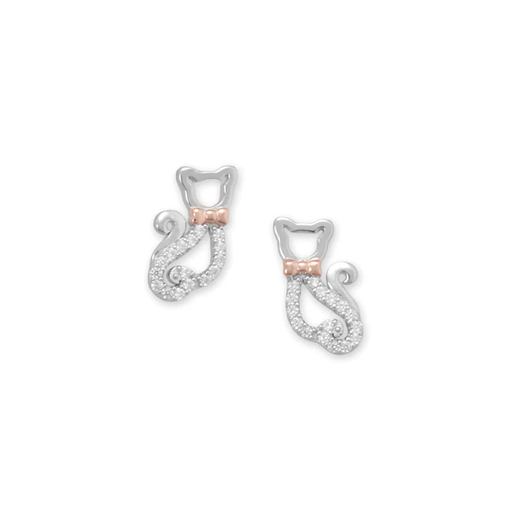Sterling Silver Two Tone CZ Bow Tie Cat Stud Earrings, Rhodium and Rose Gold Plated, 12mm x 6.7mm