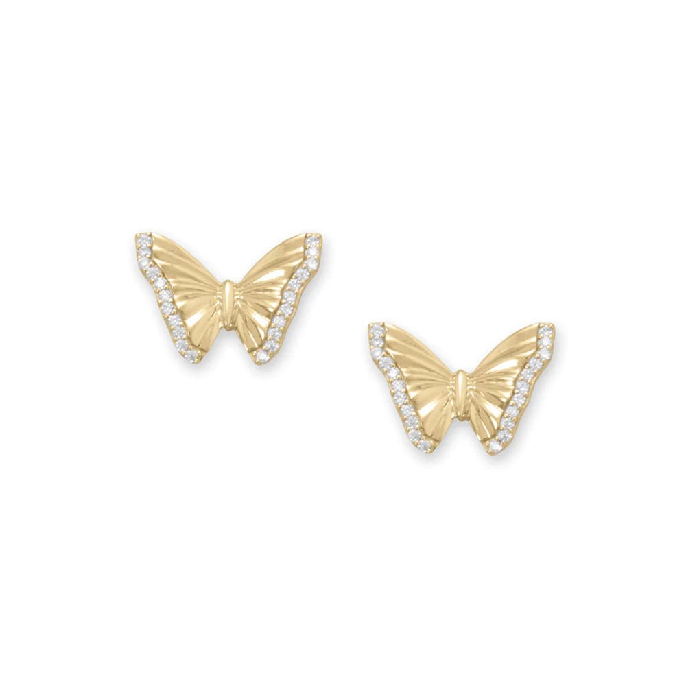 Sterling Silver Butterfly CZ Stud Earrings, 14K Gold Plated, 15mm x 10.7mm, Clear 1mm CZ