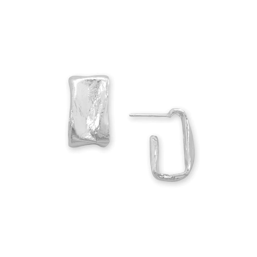 Sterling Silver Wide Rectangle Textured Hoop Earrings, Modern Organic Sculptured Design, 11mm Width, 18.7mm Length, Post Back