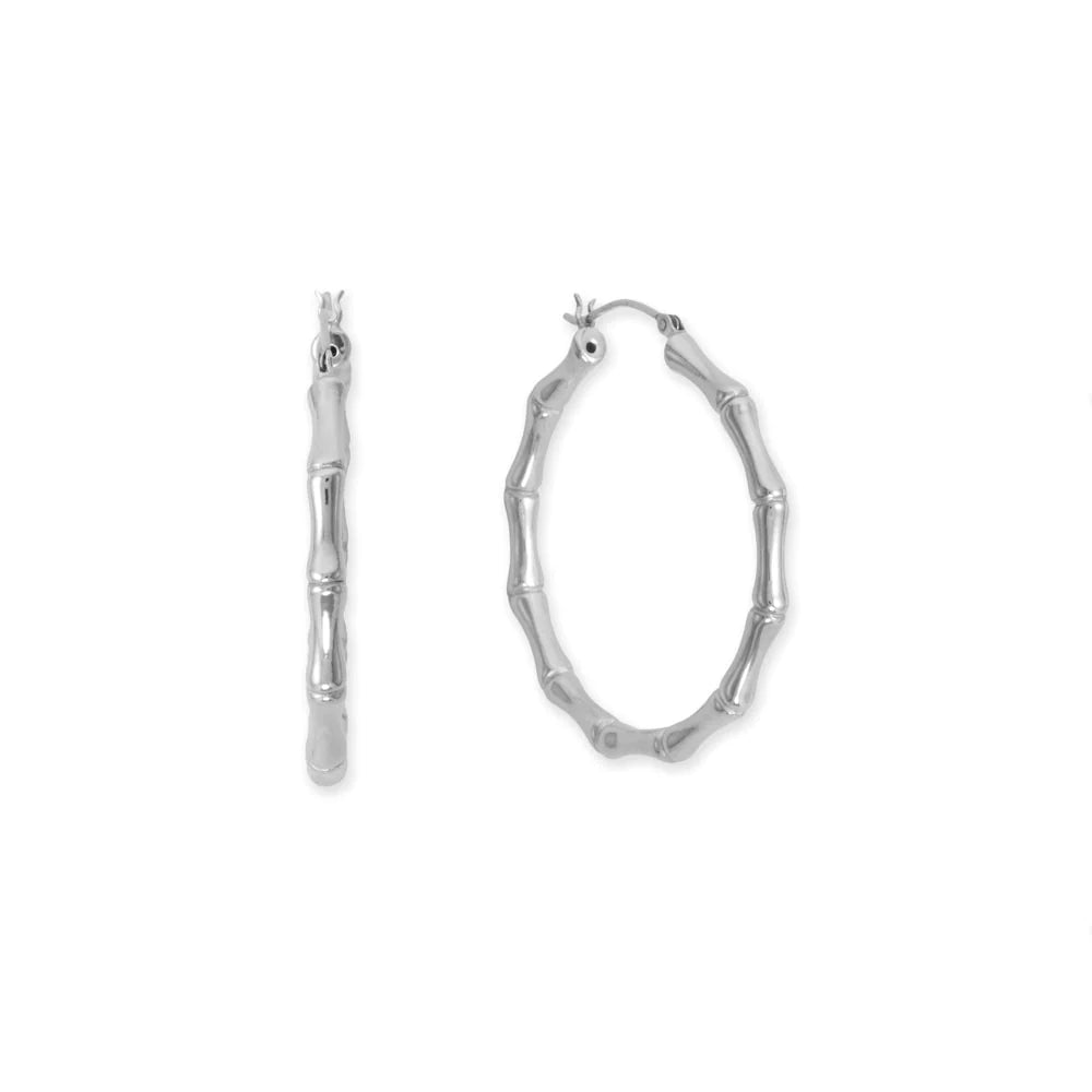 Sterling Silver Classic Bamboo Hoop Earrings, Click Closure, 44mm Diameter, 3.7mm Wide