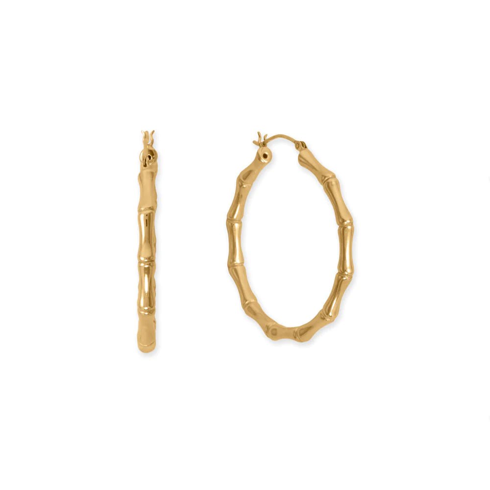 Sterling Silver Bamboo Style Hoop Earrings, 14K Gold Plated, 44mm Click Closure, 3.7mm Wide