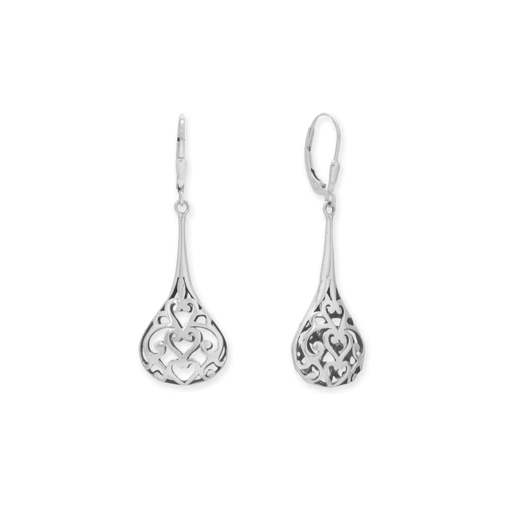 Sterling Silver Filigree Heart Raindrop Dangle Earrings, Oxidized, 47mm Length, Lever Back Closure