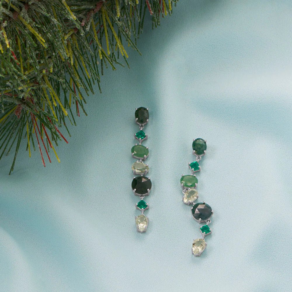 Long Rhodium Green Multi Stone Earrings