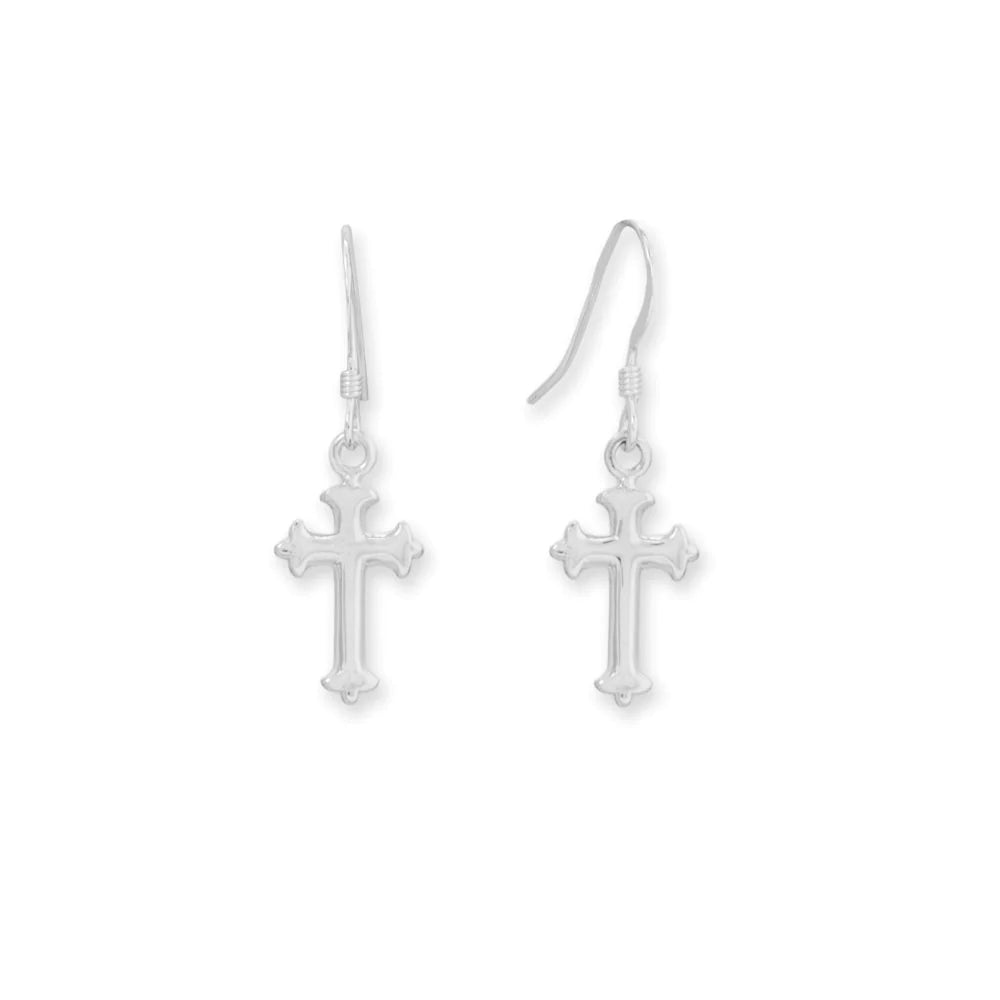 Sterling Silver Cross French Wire Earrings, Ornate Polished Design, 16mm x 7mm Charm, 29mm Drop Length