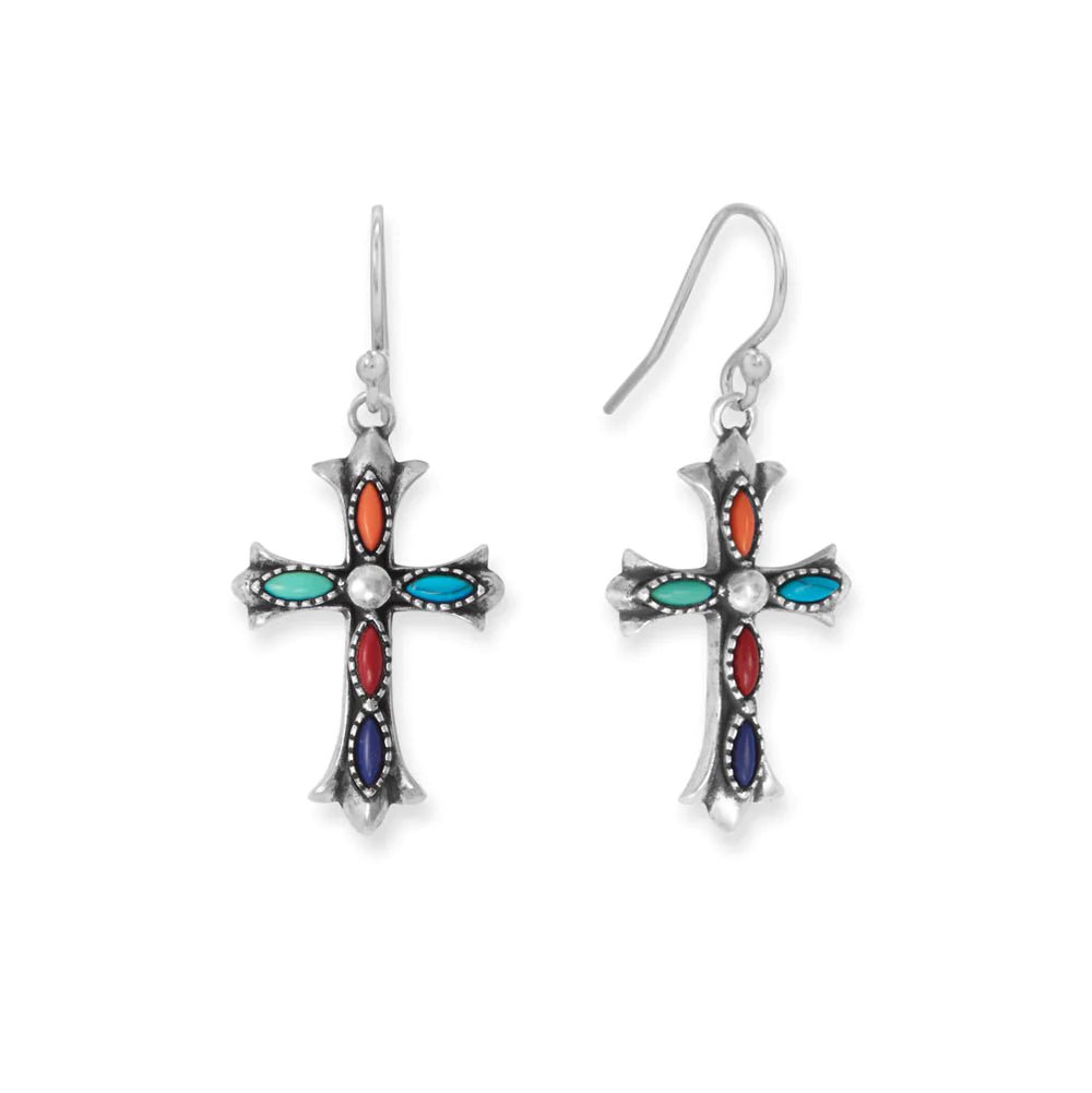 Multicolor Cross Earrings - Sterling Silver with Turquoise Coral Lapis