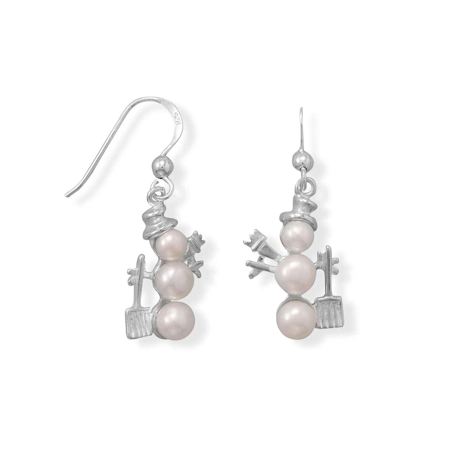 Sterling Silver Cultured Freshwater Pearl Snowman Dangle Earrings, 4-5mm Pearls, 33mm Length