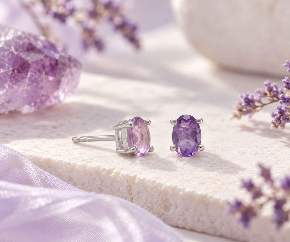 Faceted Oval Amethyst Stud Earrings 925 Sterling Silver 4x6mm