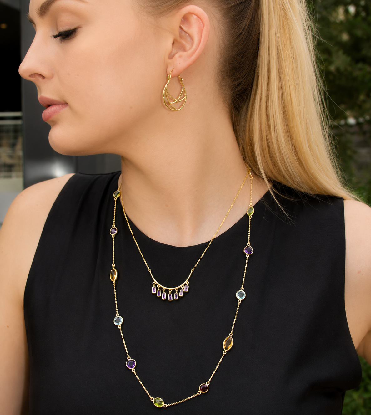 Multi Gemstone Necklace 14K Gold Plated 925 Silver 5 Stones Bezel Set 24+1in