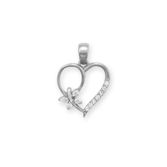 Rhodium Plated CZ Pendant with Heart and Butterfly Design