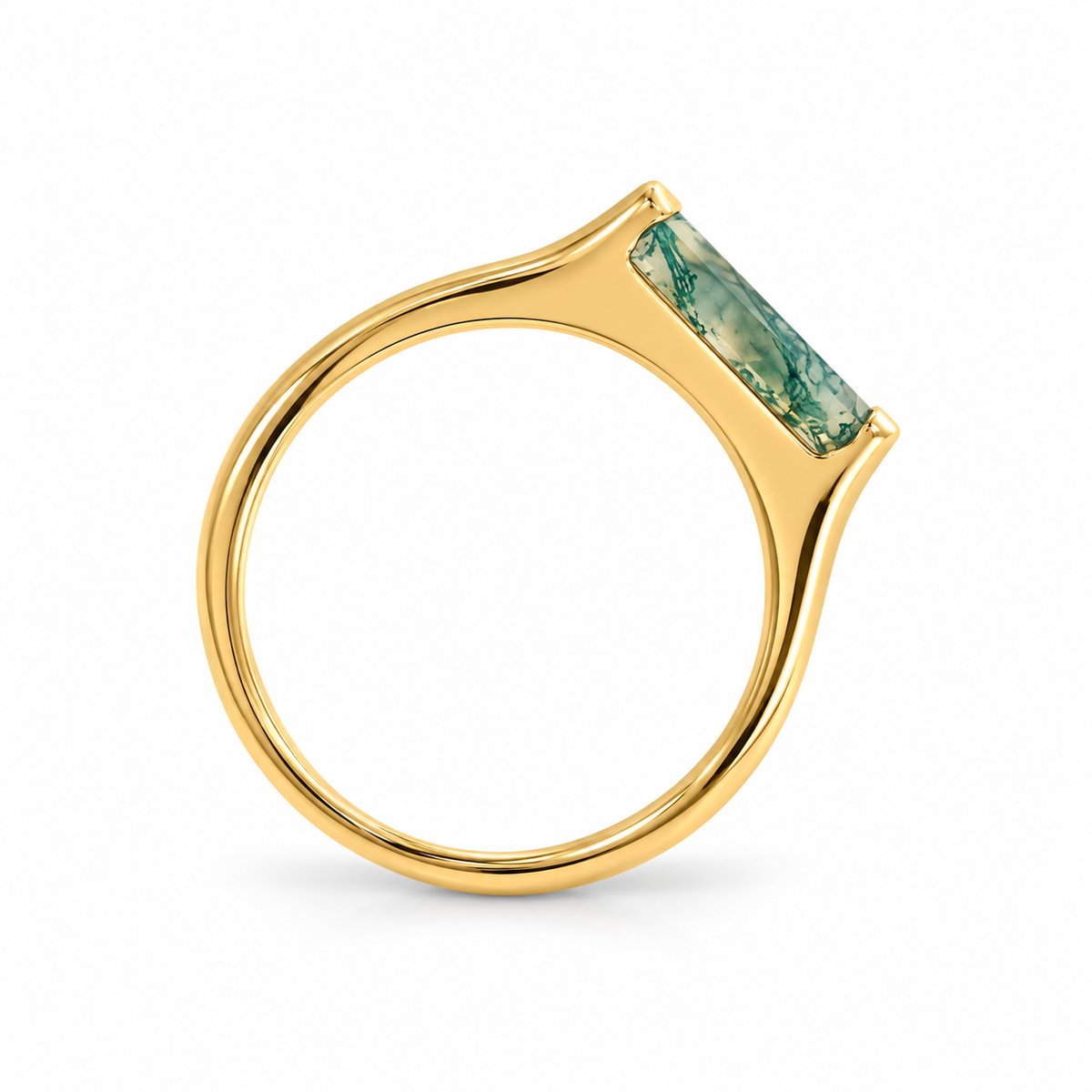 Moss Agate Bar Ring 14K Gold Plated 925 Silver 10x3mm Baguette Sizes 6-9