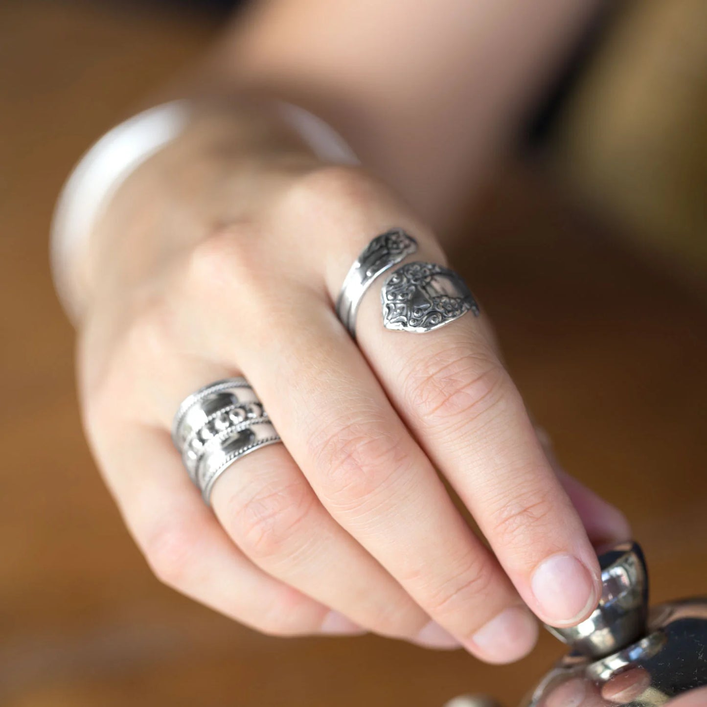 Generic Sterling Silver Oxidized Floral Spoon Ring, Adjustable Statement Band, .925 Silver