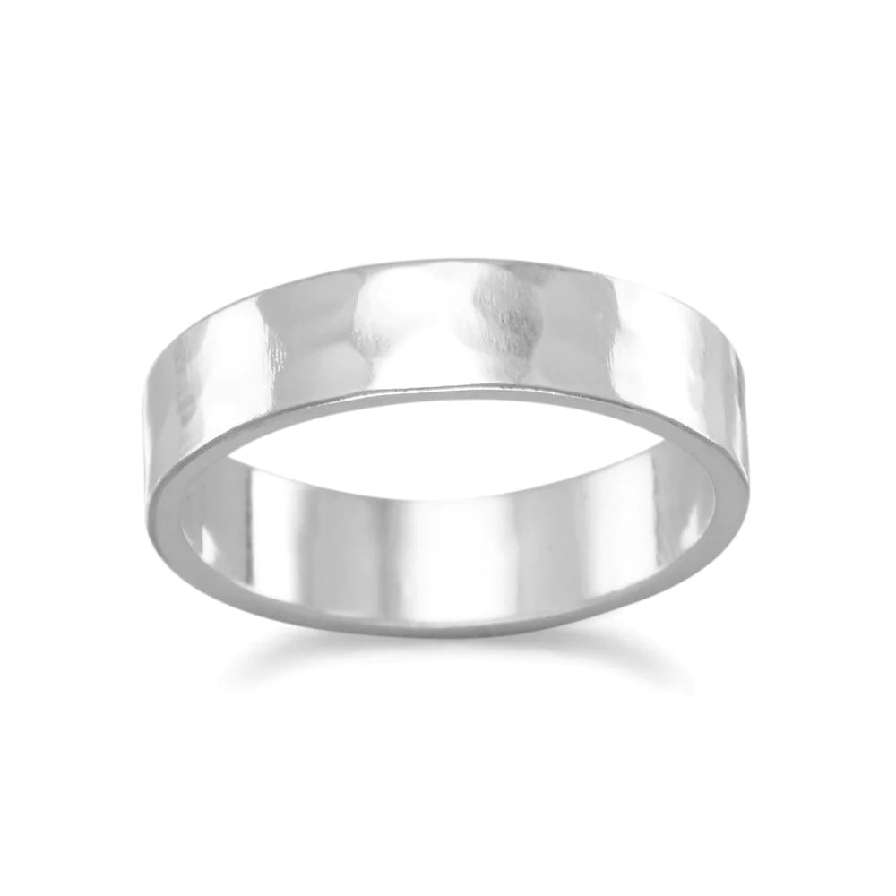 Sterling Silver Hammered Band Ring, 5mm Wide, Sizes 6-10