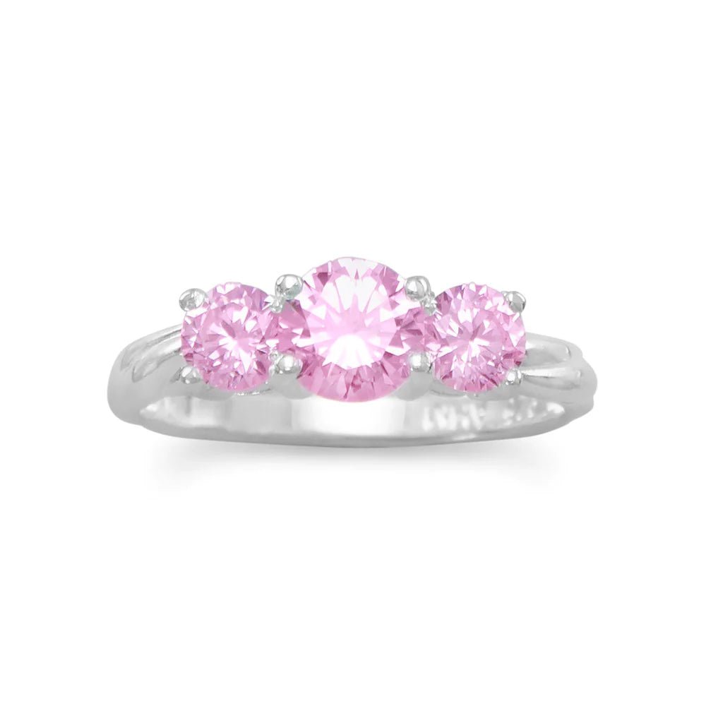 Sterling Silver Pink CZ Ring, Three Stone Design, Round Cut, Sizes 4-10
