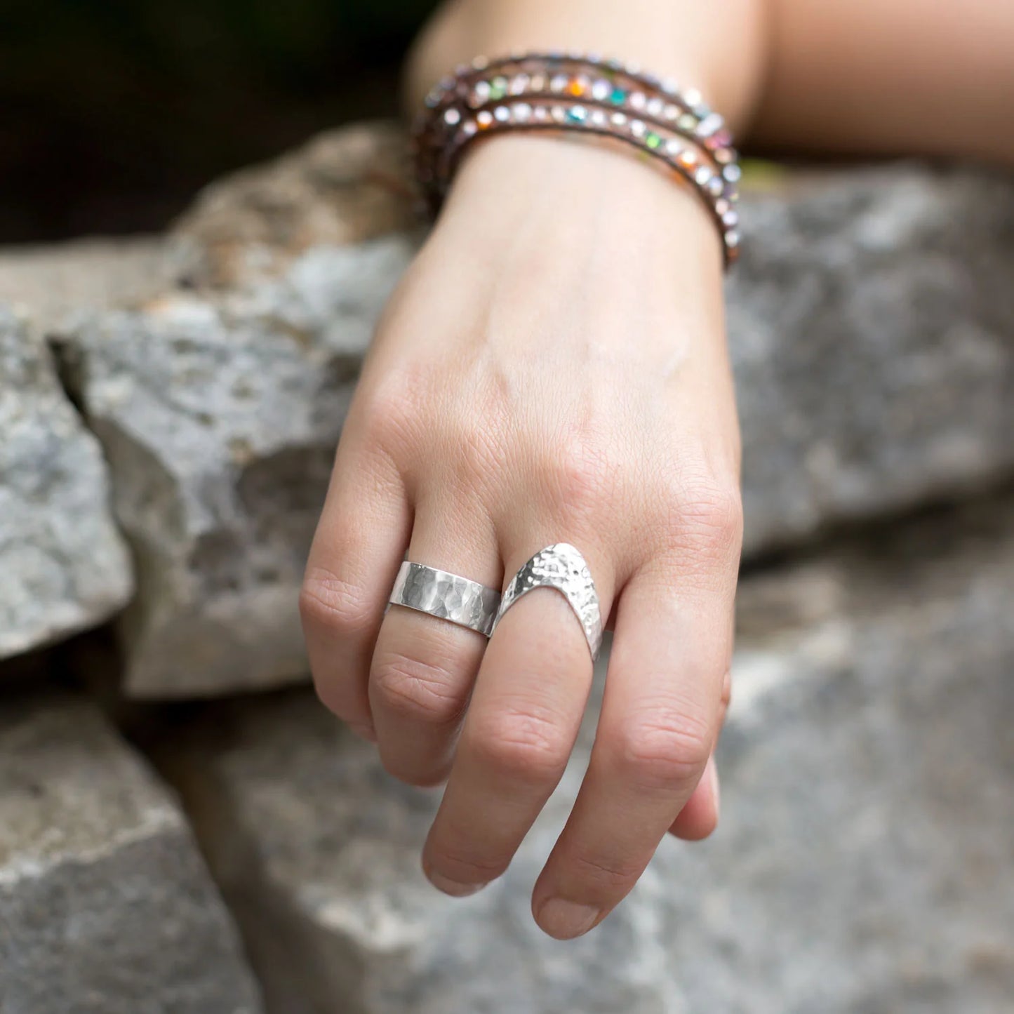Sterling Silver Hammered V Design Ring, Graduated 3mm to 7mm Band Width, .925 Silver