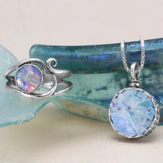 Ancient Roman Glass Necklace - Sterling Silver Oxidized Basket Setting