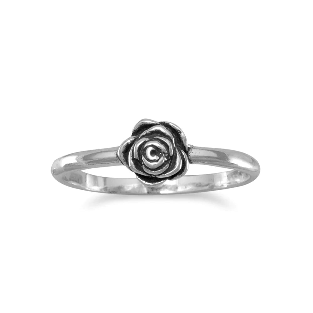 Sterling Silver Small Oxidized Rose Ring, Statement Band, 1.7mm Width, 6mm Rose Design, Sizes 3-9