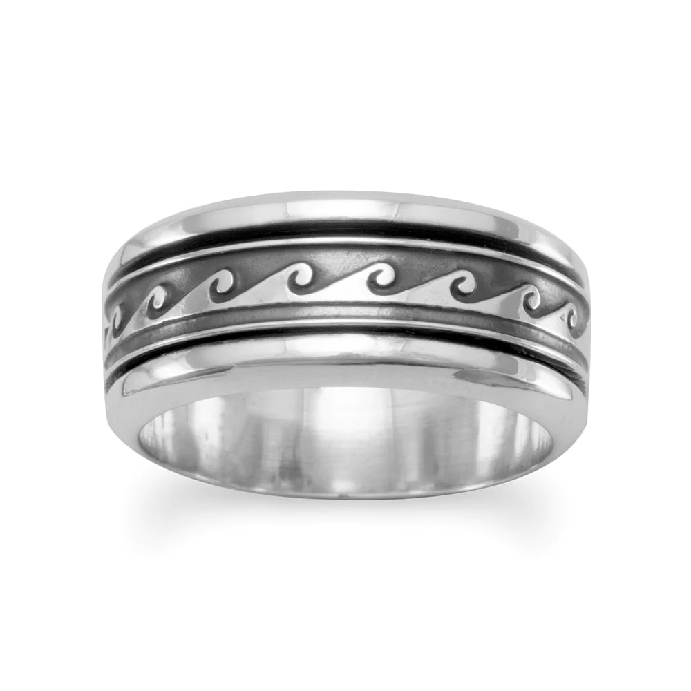 Sterling Silver Wave Design Spinner Ring, Oxidized, 8.5mm Width, Handcrafted, Sizes 6-13