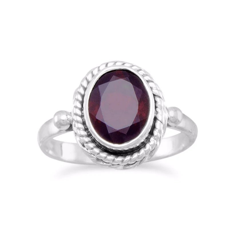 Sterling Silver Oval Faceted Garnet Ring with Rope Edge Design, 9x6mm Stone, Sizes 4-9
