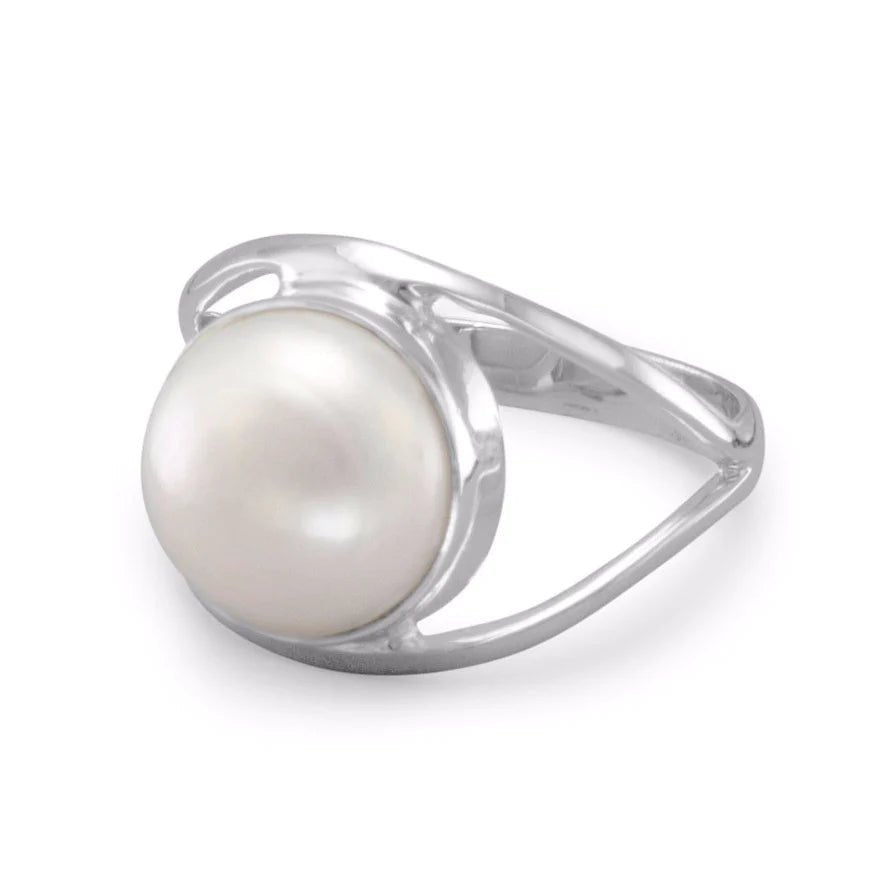Pearl Ring - Sterling Silver Open Band Design with 10mm Pearl