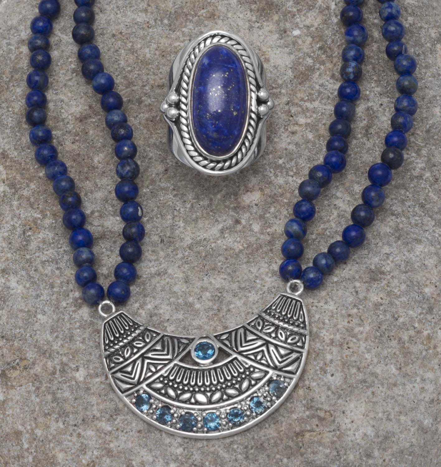 Sterling Silver Oxidized Lapis Statement Ring with Rope and Bead Design, Blue Stone 20.5x10mm, Sizes 6-9