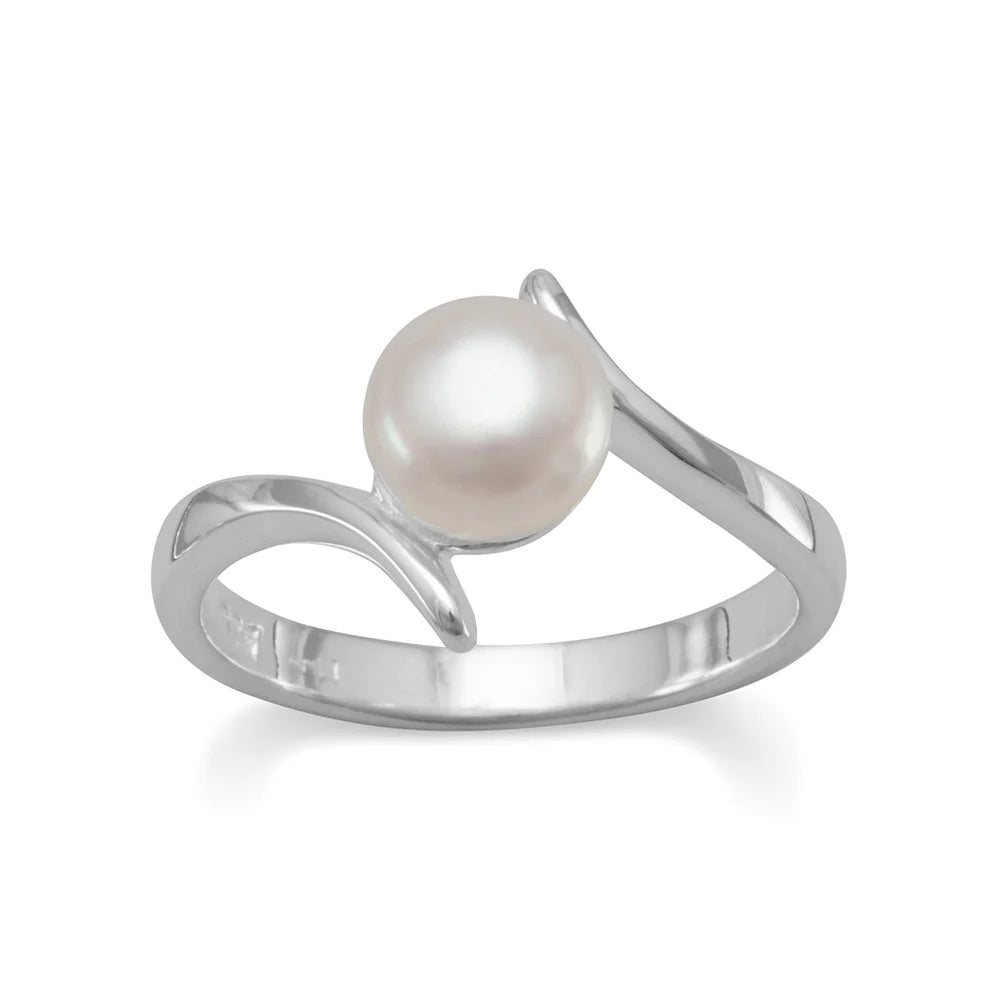 Sterling Silver Cultured Freshwater Pearl Ring with Crossover Design, 6.5mm Pearl, Polished Finish, Sizes 5-9