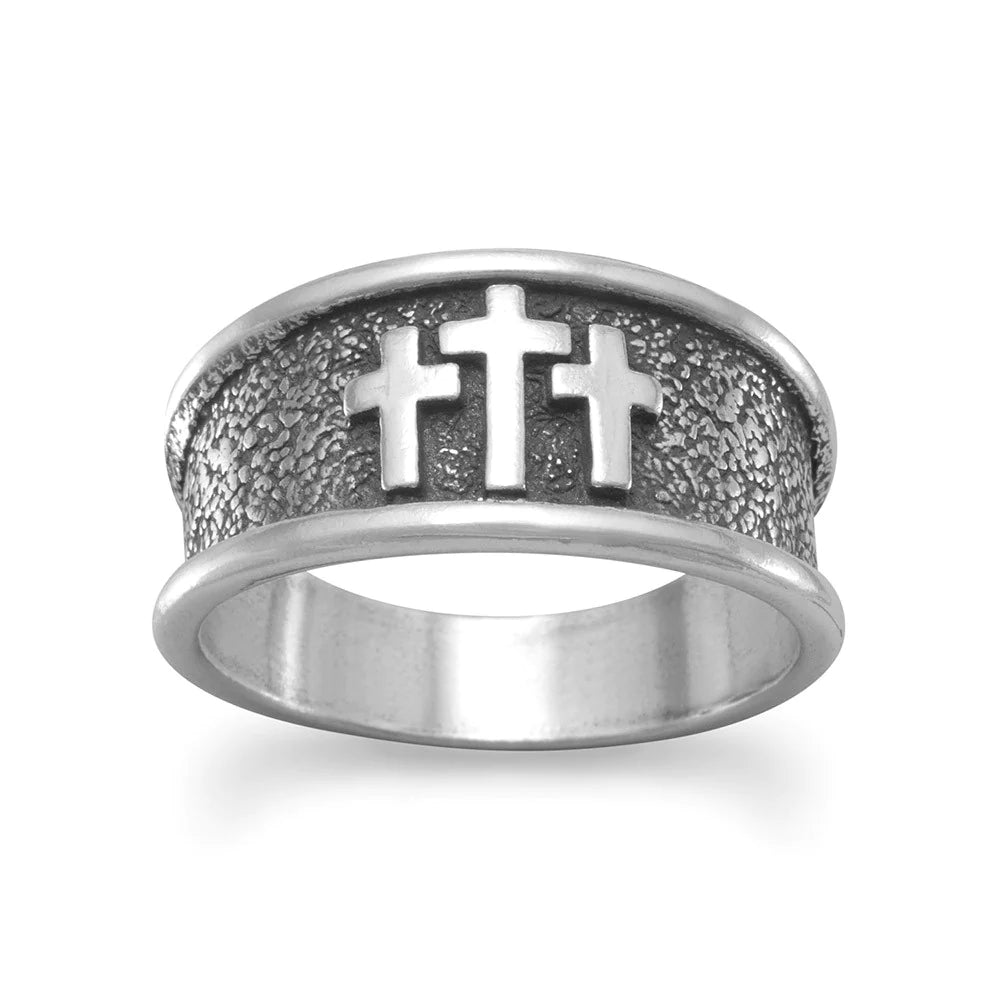 Sterling Silver Three Cross Ring, Oxidized, Raised Design, Tapered Band, Sizes 8-13