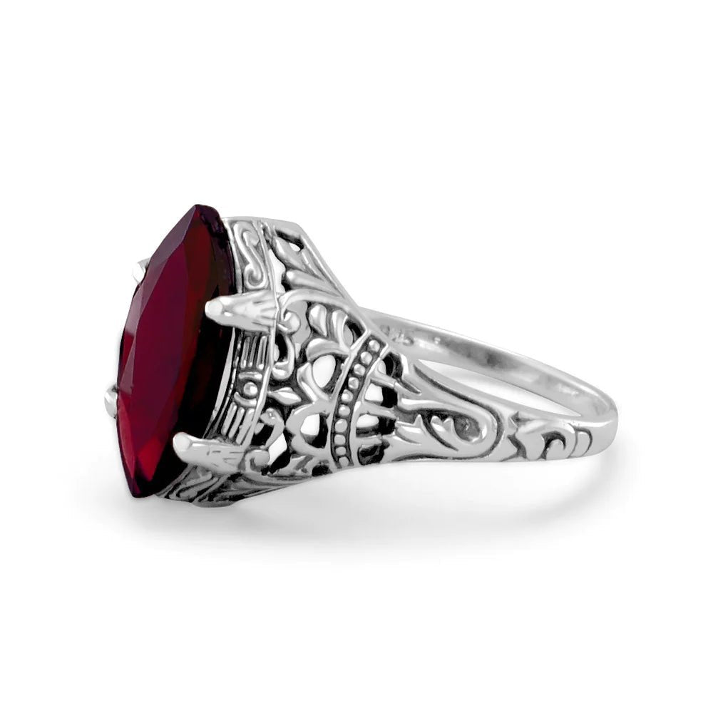 Vintage Style Oxidized Sterling Silver Marquise Garnet Ring, 15mm x 7mm Stone, Sizes 5-10