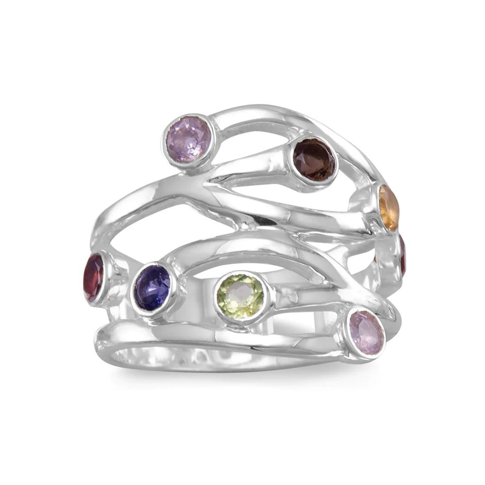 Sterling Silver Open Design Ring with Amethyst, Garnet, Iolite, Citrine, Peridot Stones, 3.5mm, Available Sizes 5-11