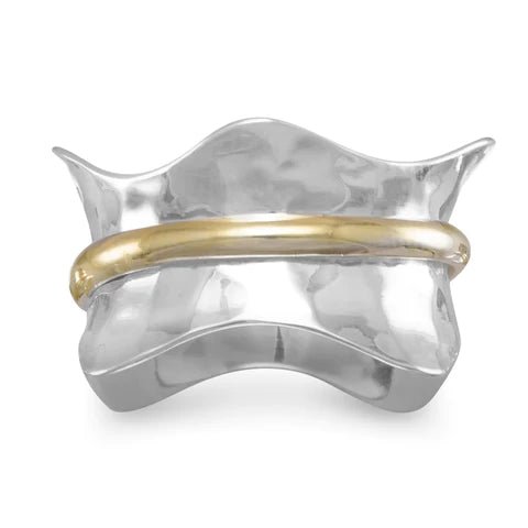 Sterling Silver Wave Spinner Ring with Brass Movable Band, Two Tone Hammered Design