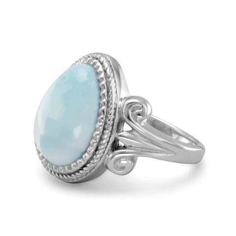 Sterling Silver Pear Shape Larimar Ring, Rhodium Plated, Rope Edge Design, Ornate Band, 11mm x 15mm