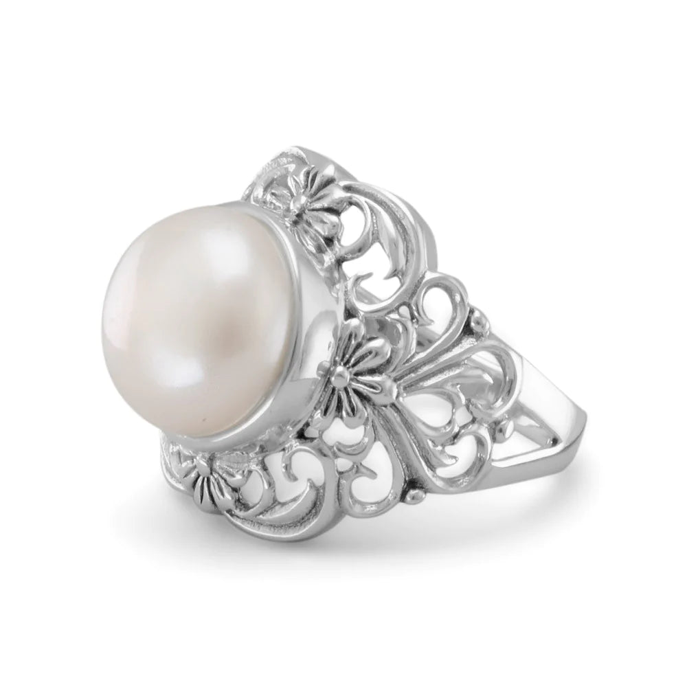 Pearl Ring - Sterling Silver Ornate Design with 12mm Button Pearl